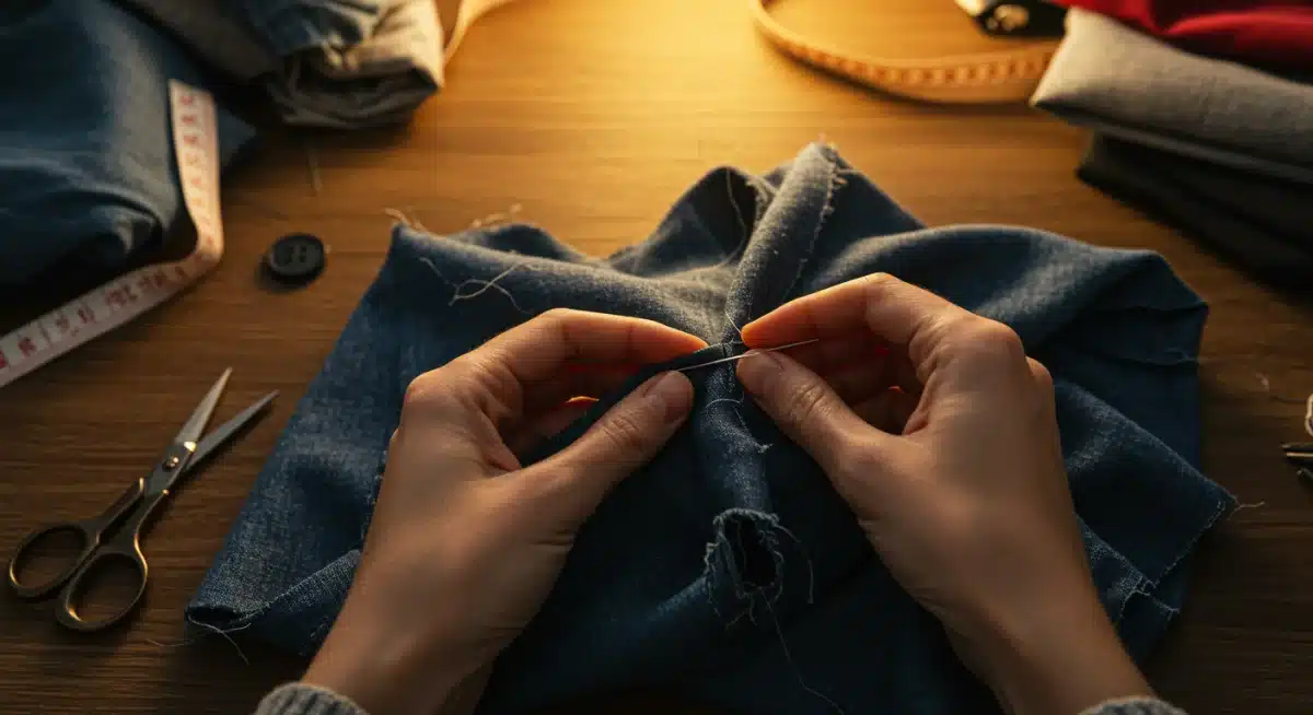 Hands mending a ripped seam on a pair of jeans, promoting clothing repair