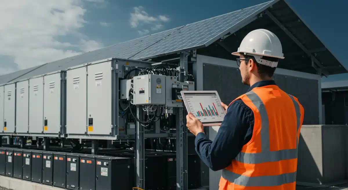 Expert reviewing financial projections for a commercial battery storage facility, highlighting tax credit applications.