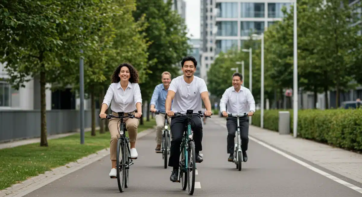 Professionals cycling and scooting to work on a green urban bike path.