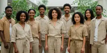 People wearing stylish eco-friendly fashion in an urban green space