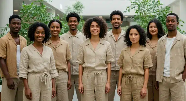 People wearing stylish eco-friendly fashion in an urban green space