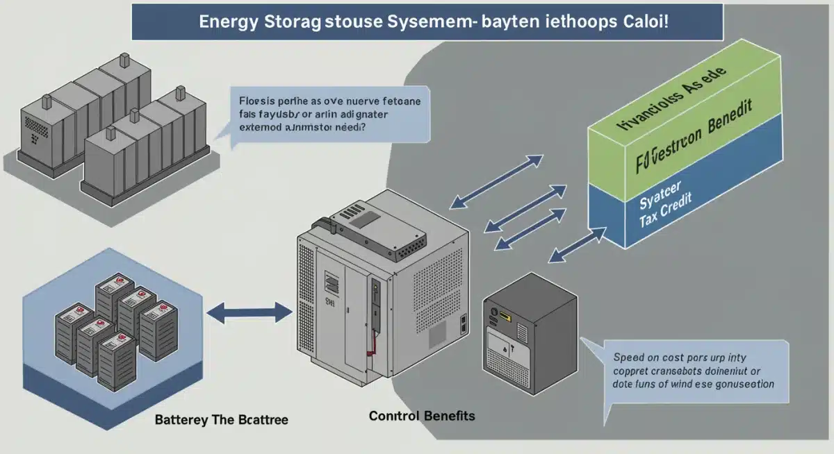 Infographic showing components of an energy storage system and financial incentives reducing costs.