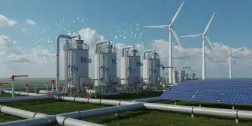 Futuristic hydrogen production facility with renewable energy sources and extensive pipeline network.
