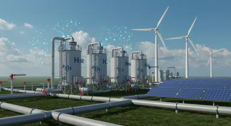 Futuristic hydrogen production facility with renewable energy sources and extensive pipeline network.