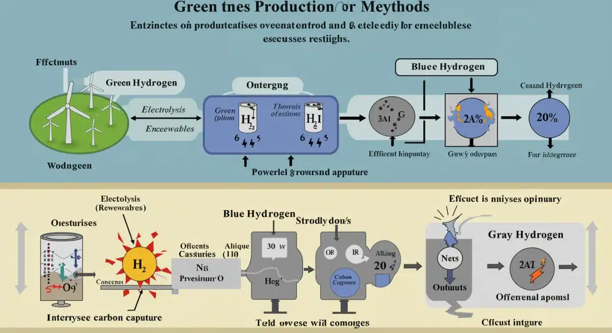 Diagram showing diverse hydrogen production methods: green, blue, and gray hydrogen processes.