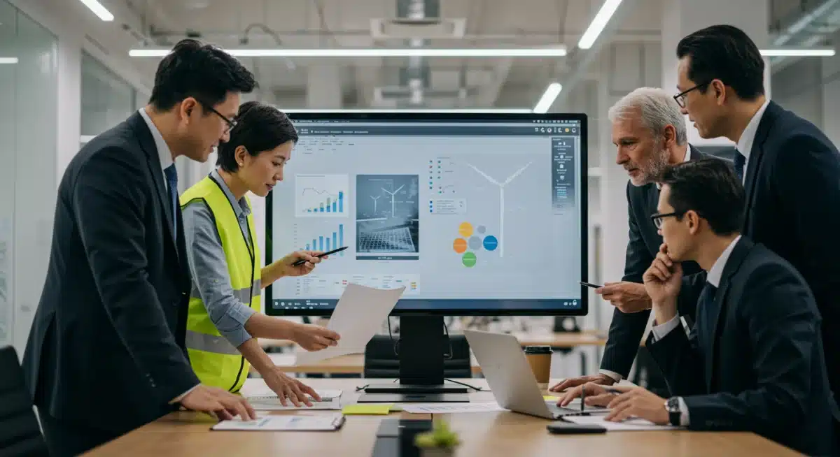 Engineers and policymakers collaboratively discussing future renewable energy project strategies in a modern office.