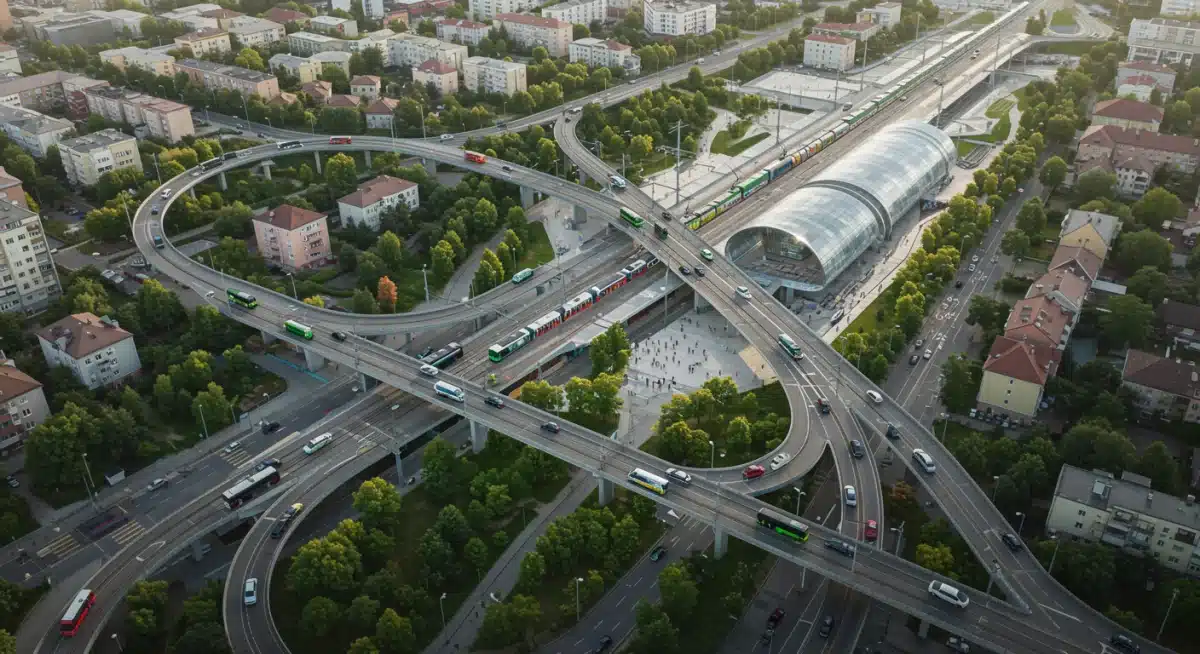 Aerial view of an interconnected smart city with efficient public transport.