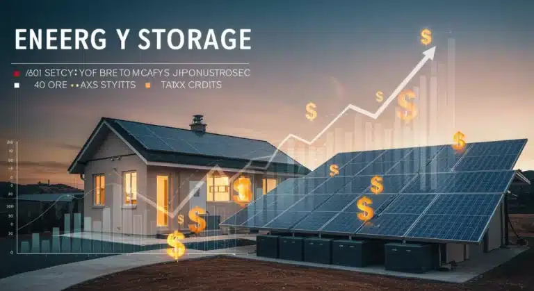 Modern home with solar panels and battery storage system, illustrating financial savings from tax credits.