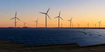 Sunrise over a vast solar farm with wind turbines, illustrating the significant growth in U.S. renewable energy investments driven by federal incentives.