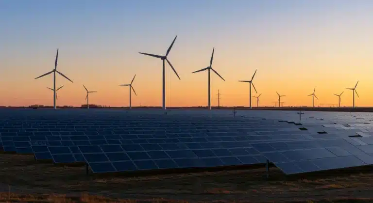 Sunrise over a vast solar farm with wind turbines, illustrating the significant growth in U.S. renewable energy investments driven by federal incentives.