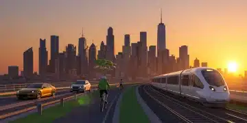 Futuristic city with diverse sustainable transportation options and setting sun.