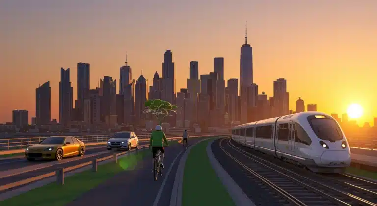 Futuristic city with diverse sustainable transportation options and setting sun.