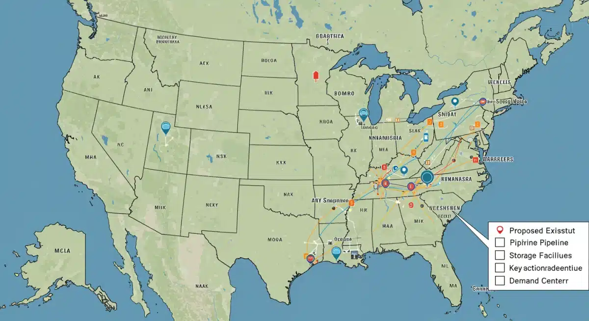 Map of the U.S. detailing existing and planned hydrogen pipeline and storage infrastructure.
