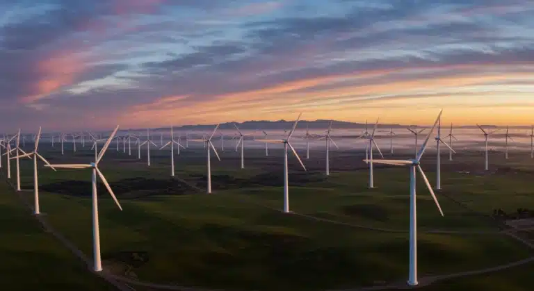 Wind farm at sunrise, symbolizing US wind energy growth.
