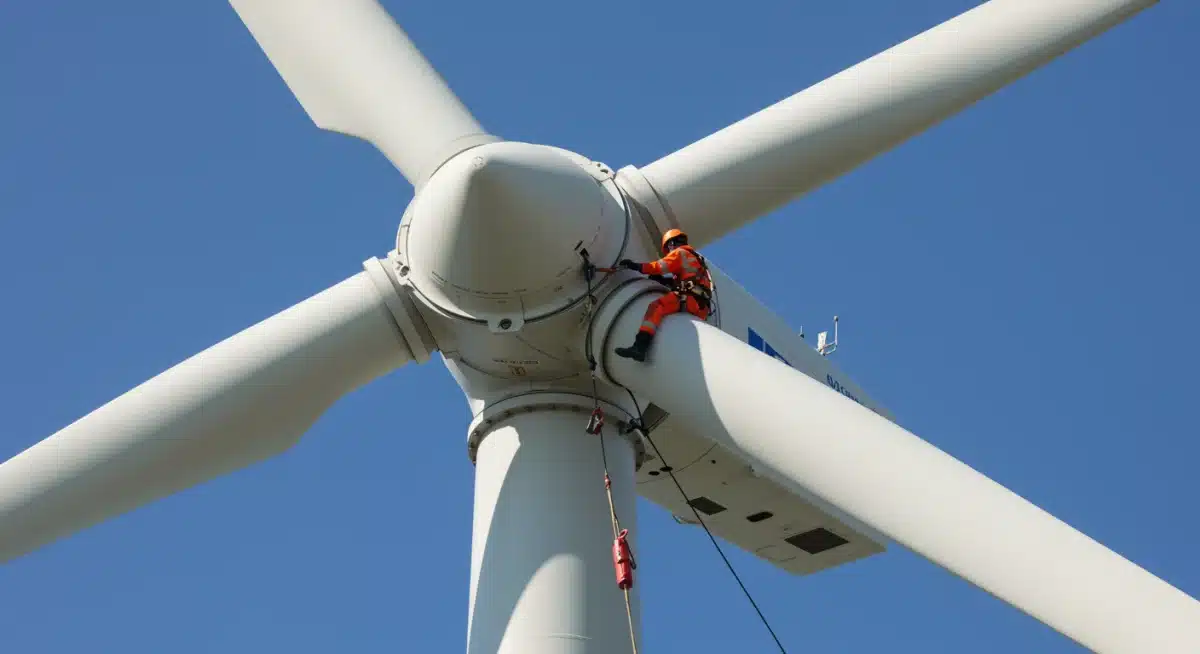 Wind turbine technician performing maintenance, highlighting industry jobs.
