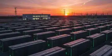 Large 500MWh battery storage facility at sunset, symbolizing clean energy future
