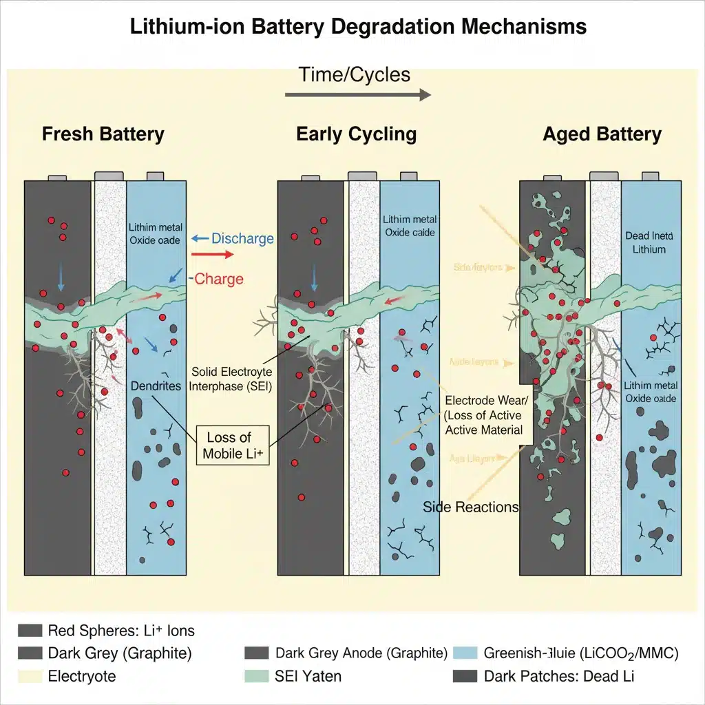 Diagram showing chemical processes of battery degradation