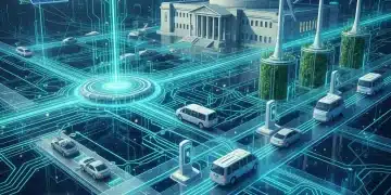Futuristic smart grid with renewable energy sources and legislative building, representing clean energy policy impact.