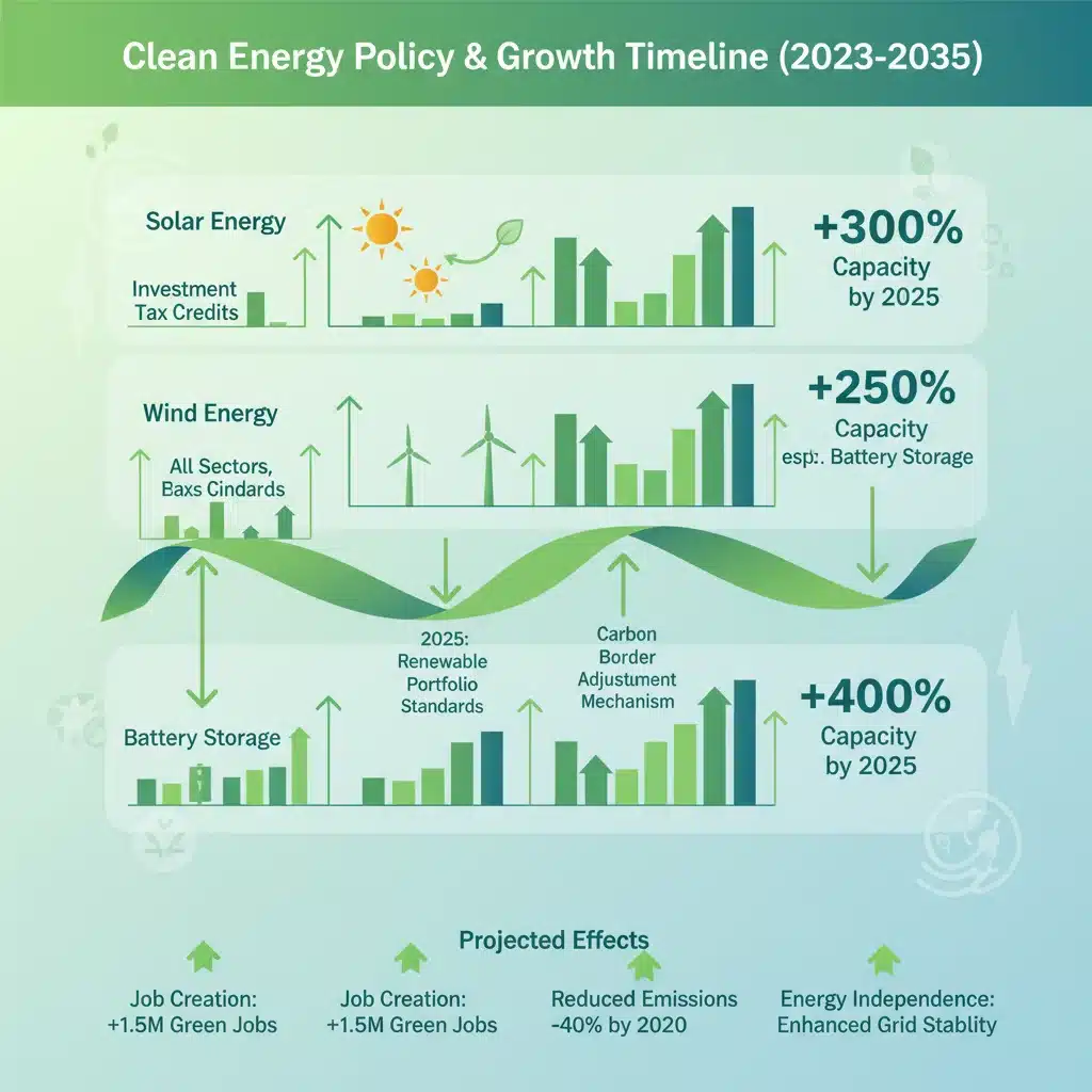 Infographic illustrating policy changes and their projected effects on clean energy sectors.