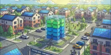 Illustration of a community microgrid with 20MWh battery storage powering modern homes and infrastructure.