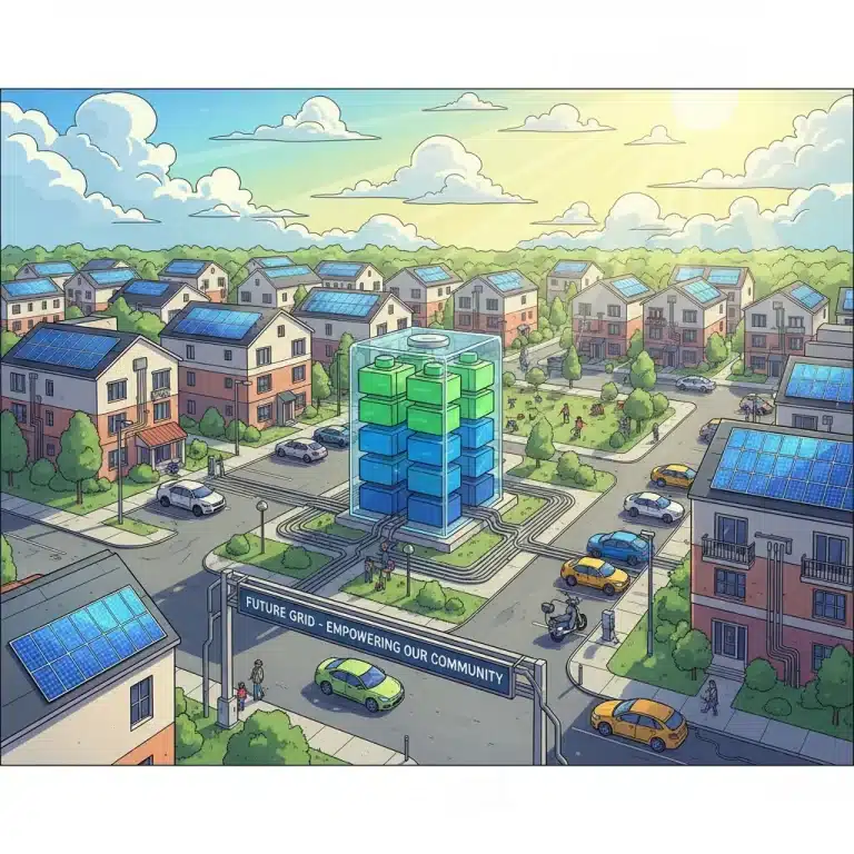 Illustration of a community microgrid with 20MWh battery storage powering modern homes and infrastructure.