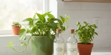 Eco-friendly cleaning products on a kitchen counter for natural germ-kill