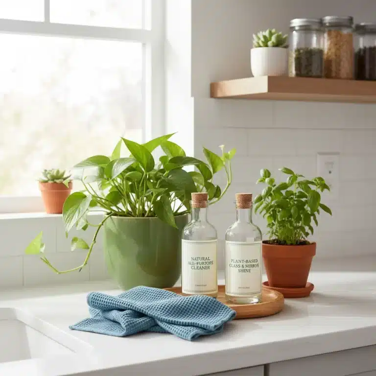 Eco-friendly cleaning products on a kitchen counter for natural germ-kill