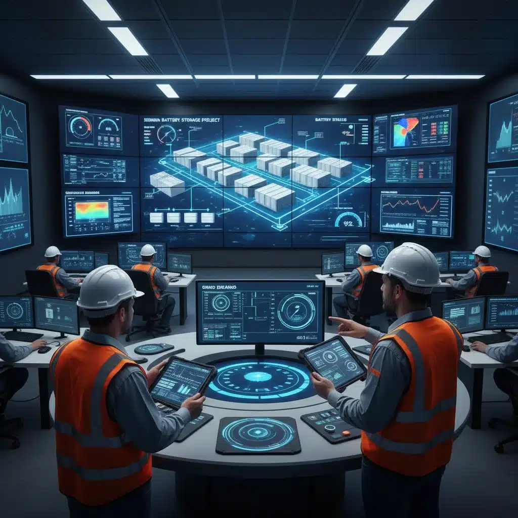 Engineers monitoring a 500MWh battery storage project control room