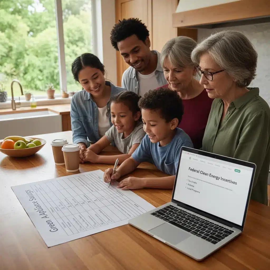 Family reviewing a checklist of eligible green appliances and potential savings from federal incentives.