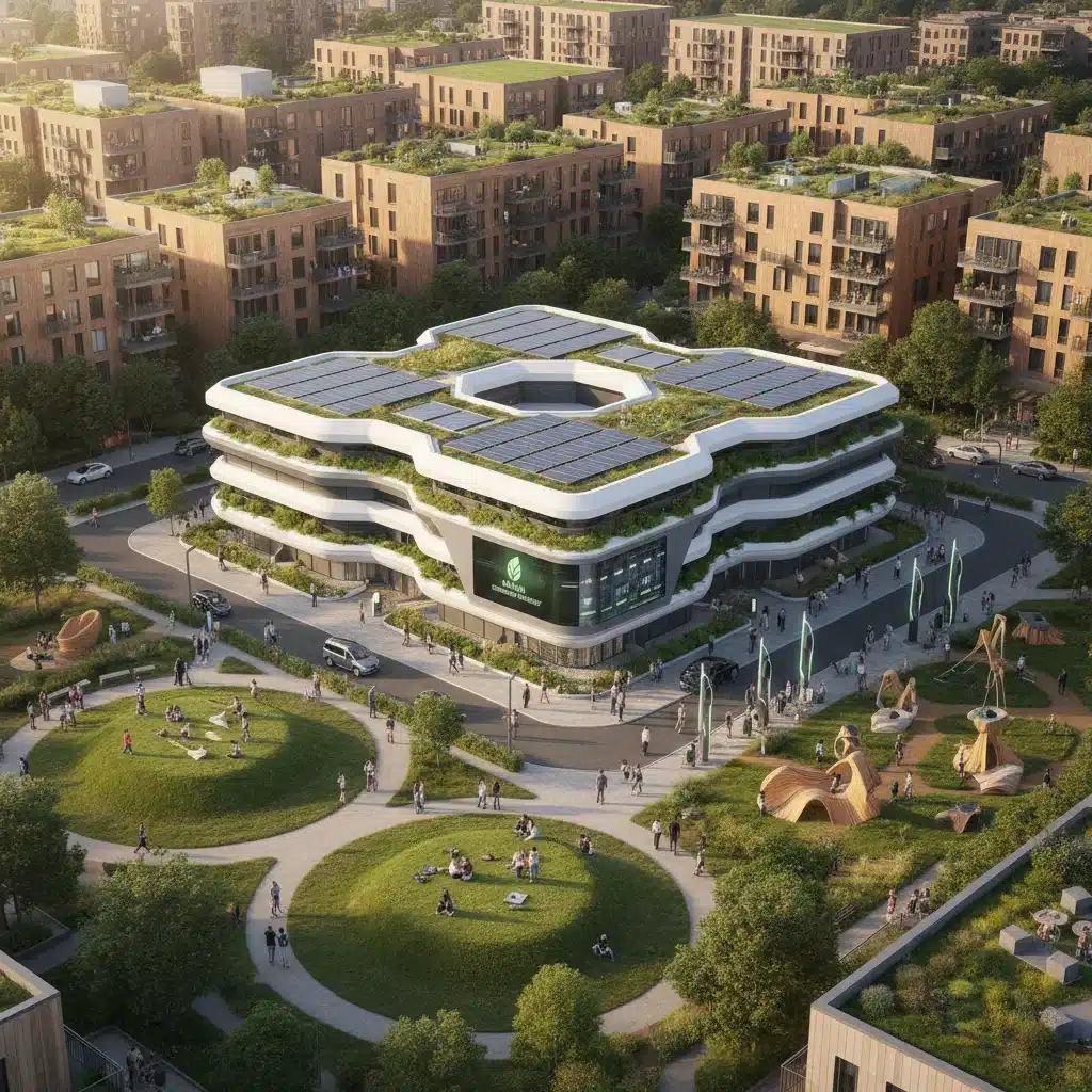 Futuristic community hub with integrated 20MWh battery storage and green infrastructure.