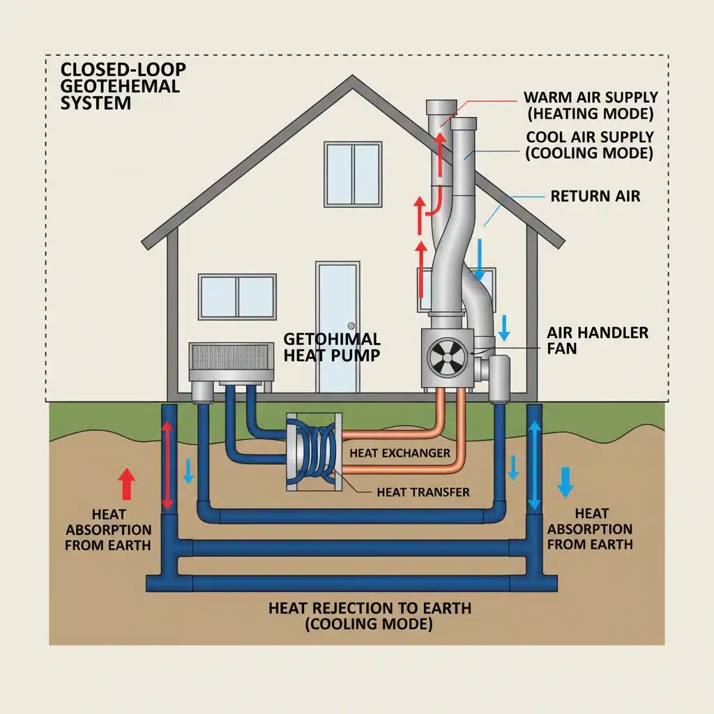 Diagram of a closed-loop geothermal heat pump system showing heat exchange