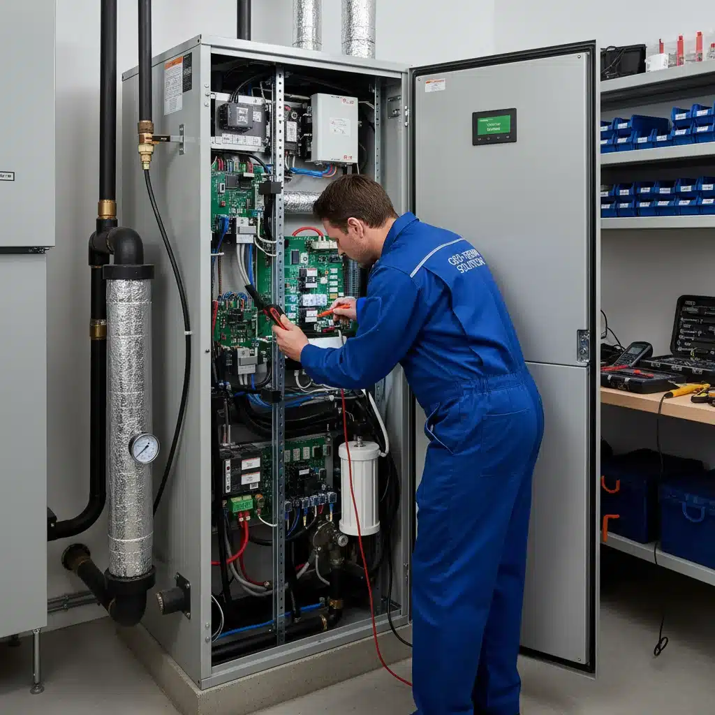 Technician performing maintenance on an indoor geothermal heat pump unit