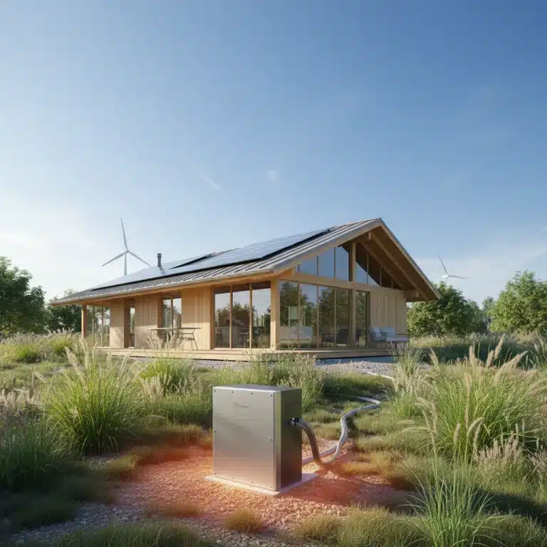 Modern home with geothermal heat pump system for energy savings