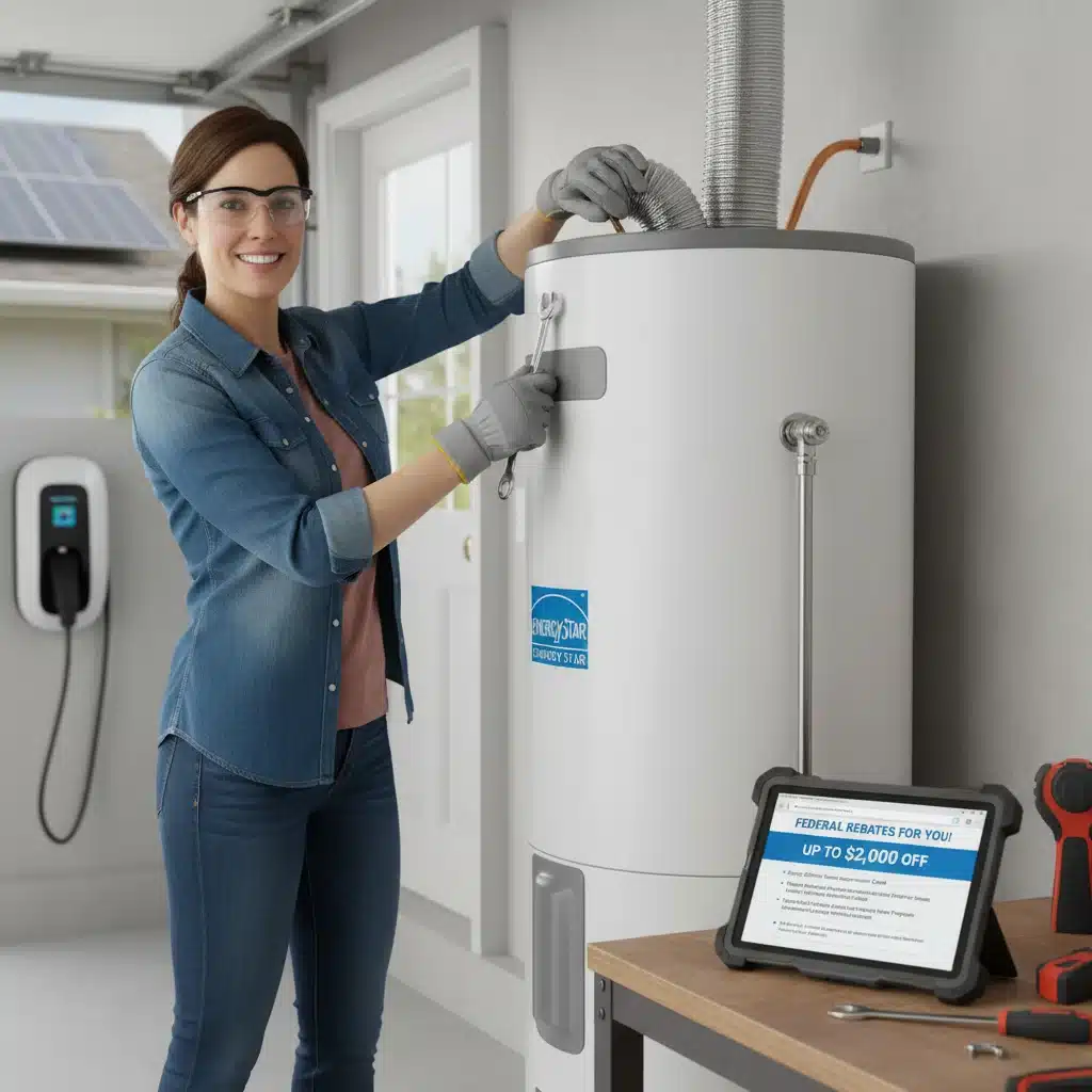Homeowner installing an ENERGY STAR heat pump water heater, highlighting federal rebates.