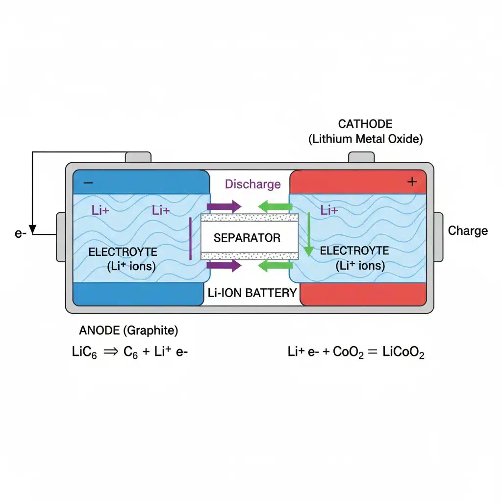 Detailed diagram of a lithium-ion battery's internal structure and function.