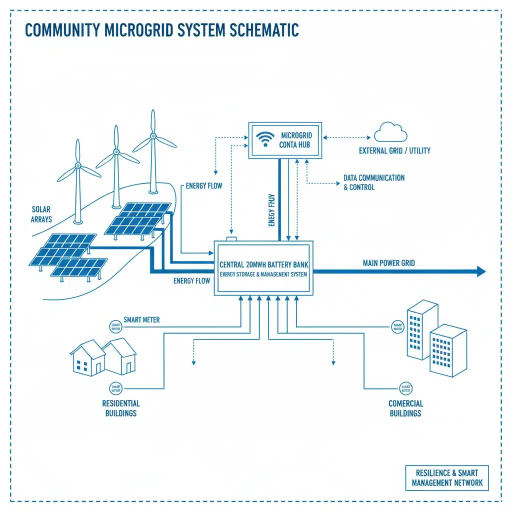 Schematic diagram of a community microgrid with a 20MWh battery bank, showing energy flow and components.