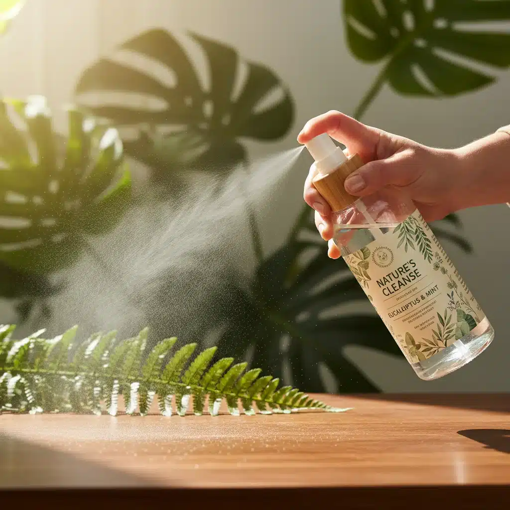 Hand spraying natural disinfectant on a household surface