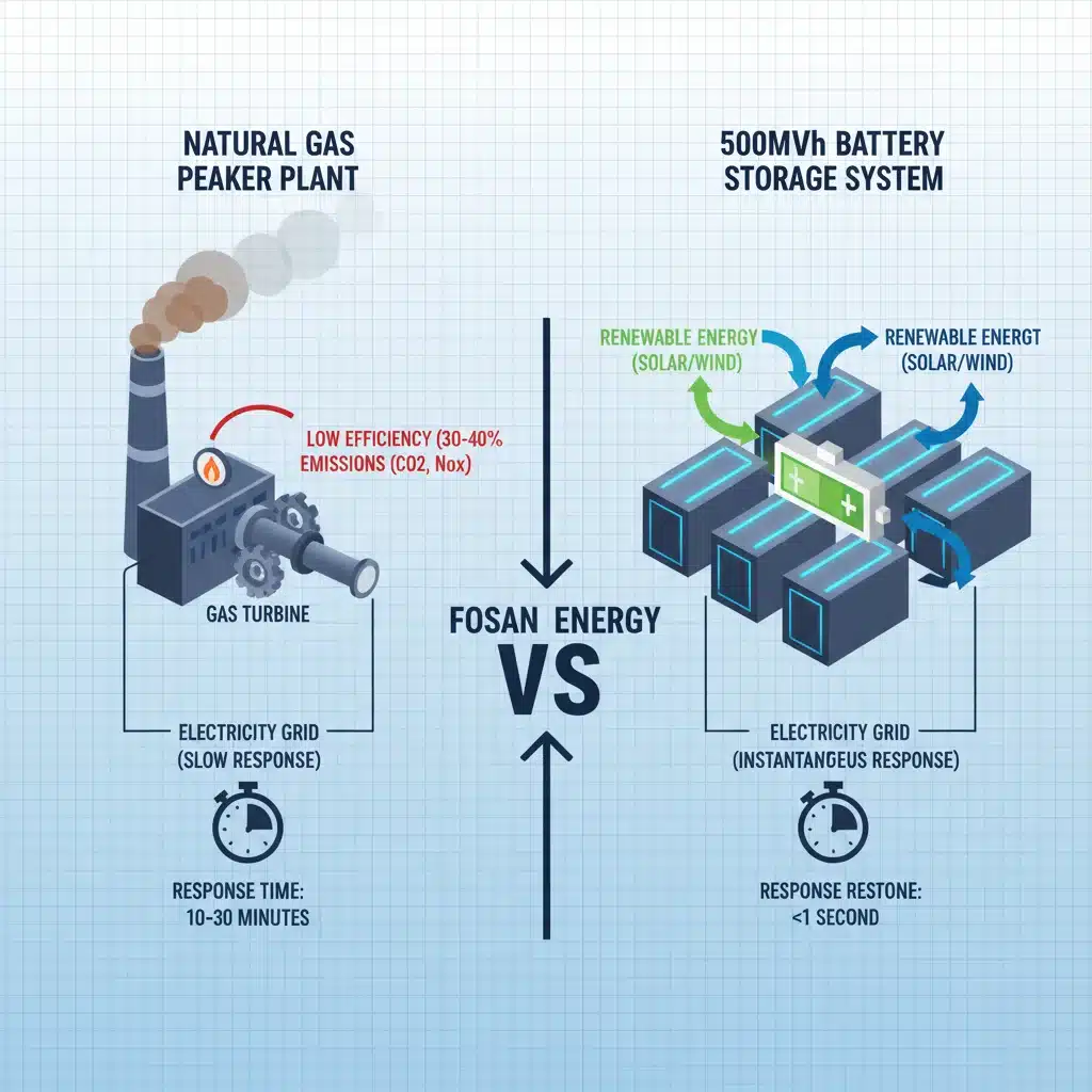 Comparison diagram of peaker plant versus 500MWh battery storage system
