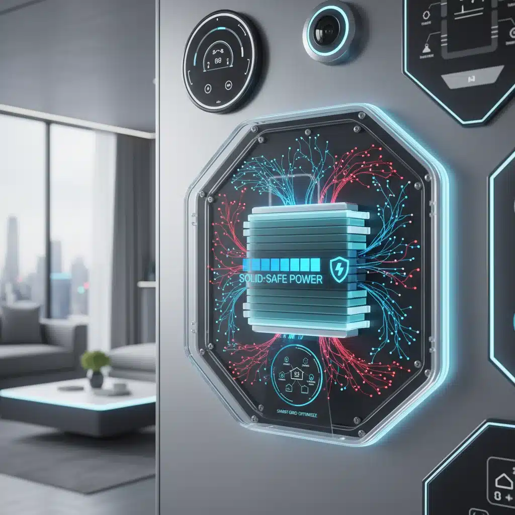Conceptual rendering of a compact, high-density solid-state battery for home use.