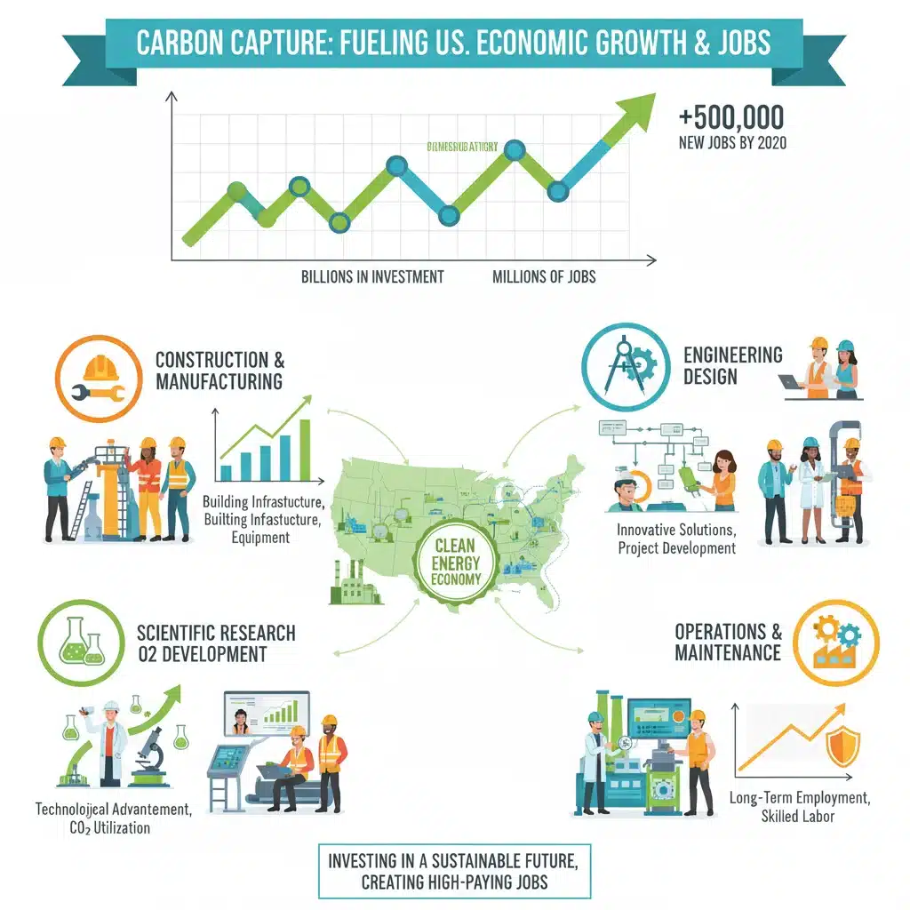 Infographic illustrating economic benefits and job creation from U.S. carbon capture projects across various sectors.