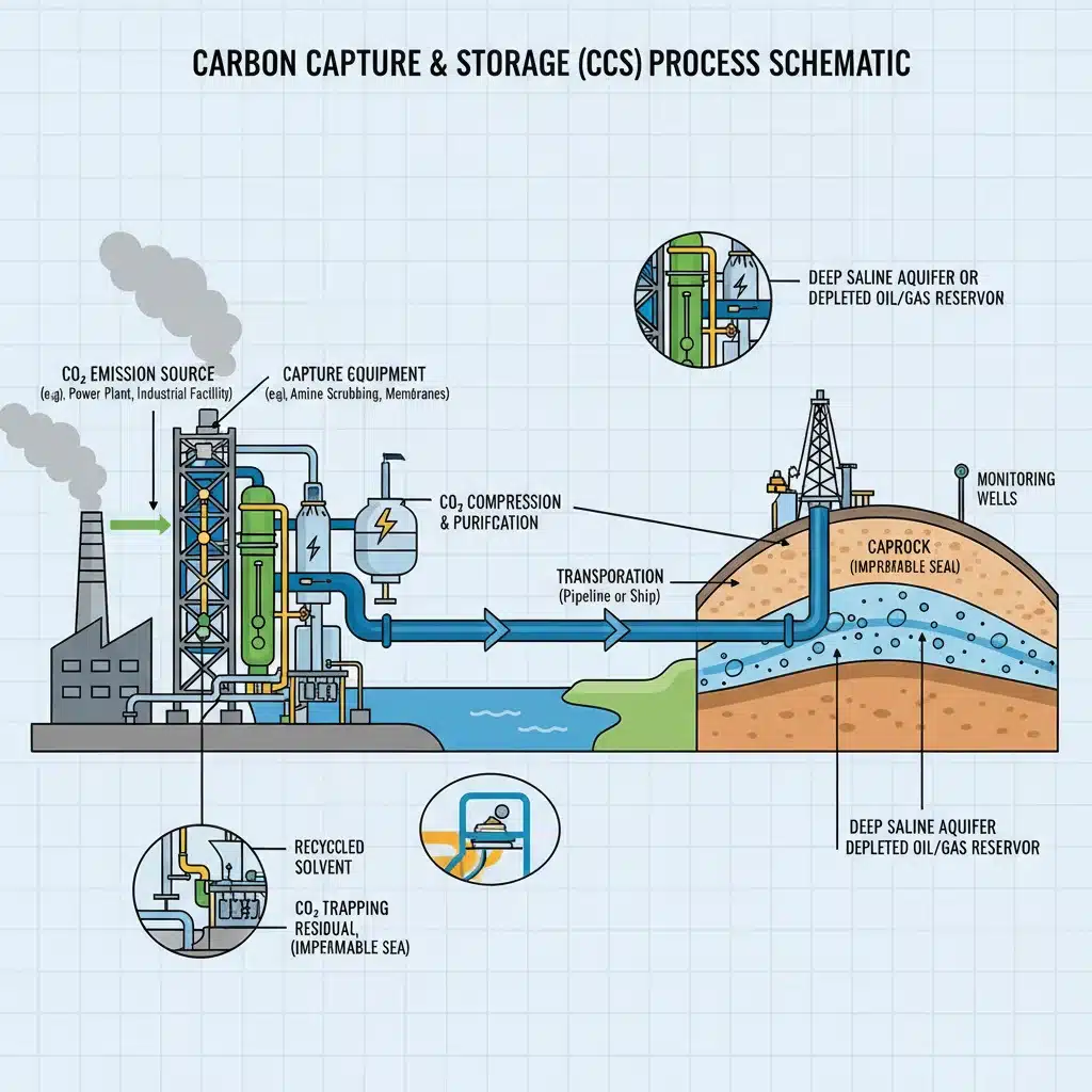 Schematic diagram of carbon capture and storage (CCS) process, showing CO2 capture, transport, and geological storage.