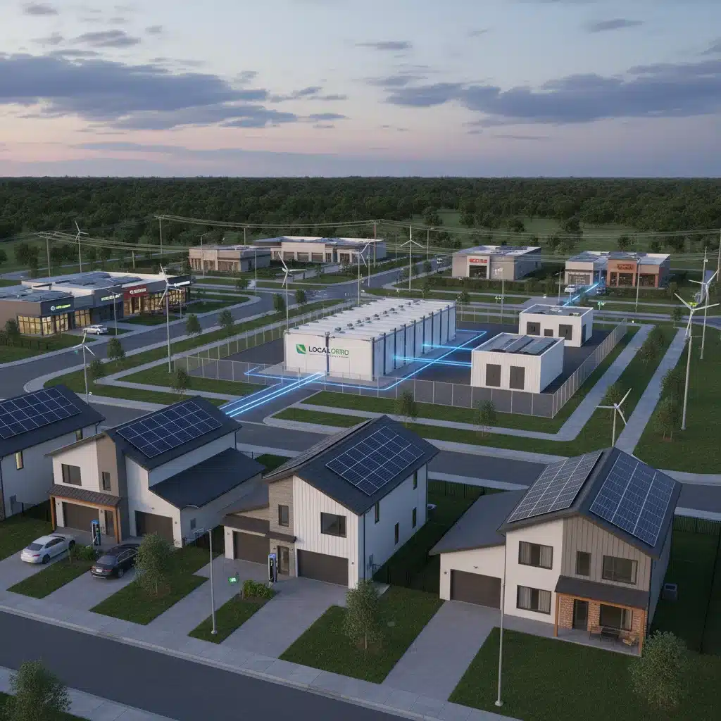 Community microgrid with residential and commercial buildings connected to a central battery storage system.