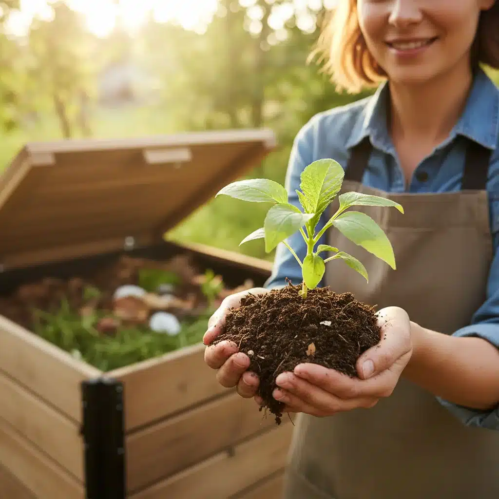 Hands holding a young plant sprouting from nutrient-rich compost, illustrating the benefits of composting food waste.