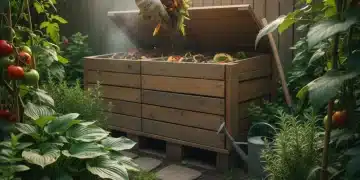 Person adding food scraps to a compost bin in a lush garden, symbolizing composting financial benefits.