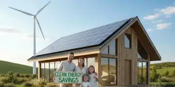 Family smiling in front of an eco-friendly home with solar panels, symbolizing 2026 clean energy rebates.