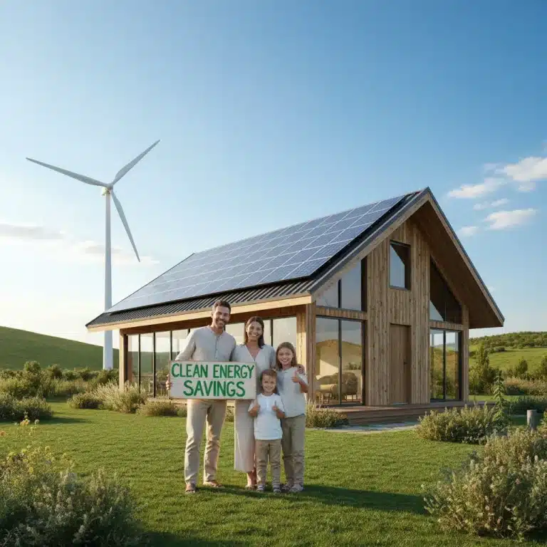Family smiling in front of an eco-friendly home with solar panels, symbolizing 2026 clean energy rebates.