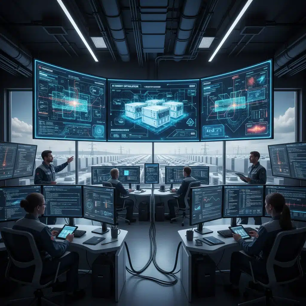 Engineers monitoring large-scale battery storage data in a high-tech control room.