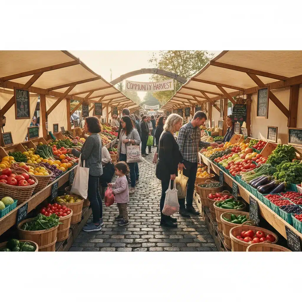 Vibrant farmer's market scene with fresh, unpackaged produce and shoppers using reusable bags, promoting local and waste-free shopping.
