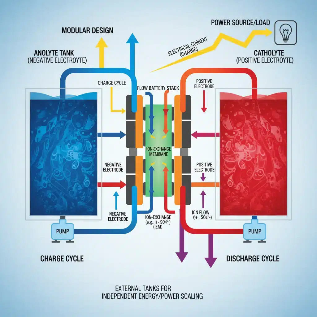 Detailed diagram illustrating the internal workings of a flow battery