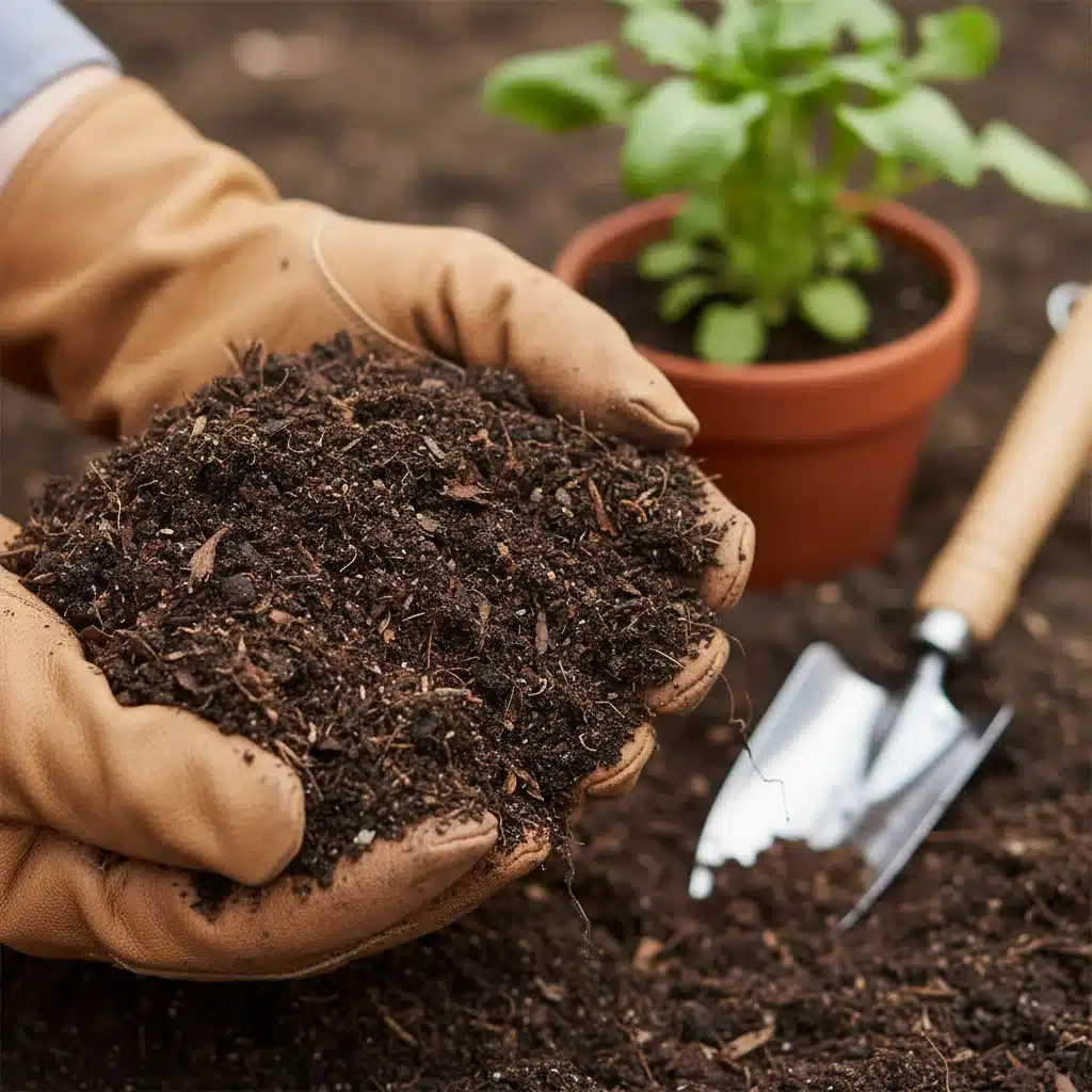 Rich, dark compost in hands, ready to enrich garden soil and reduce fertilizer costs.